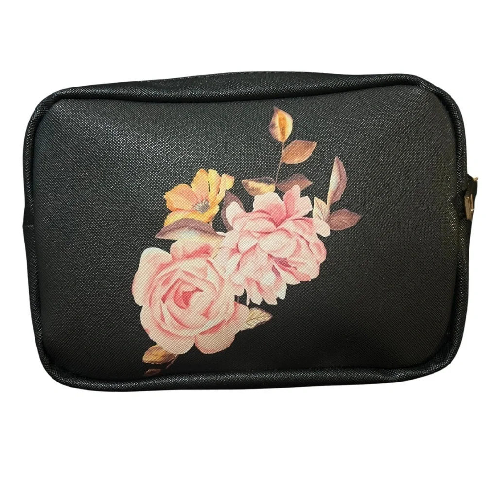 Mosiso Black Pink Floral Peony Cosmetic Makeup Bag Travel Organizer Pouch